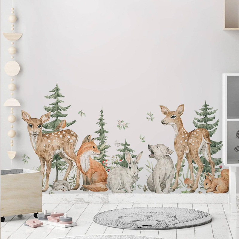 Baby Nursery Plants - Dessin animé aquarelle forêt animaux cerf