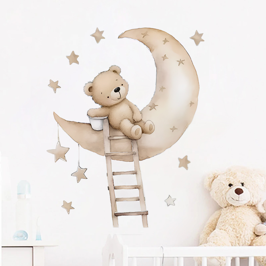 Baby Nursery Decor Boy - Autocollants muraux ours étoile nuage mignon,