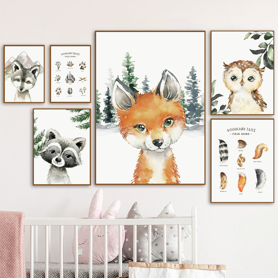 Animals Baby Nursery - Tableau mural sur toile avec animaux
