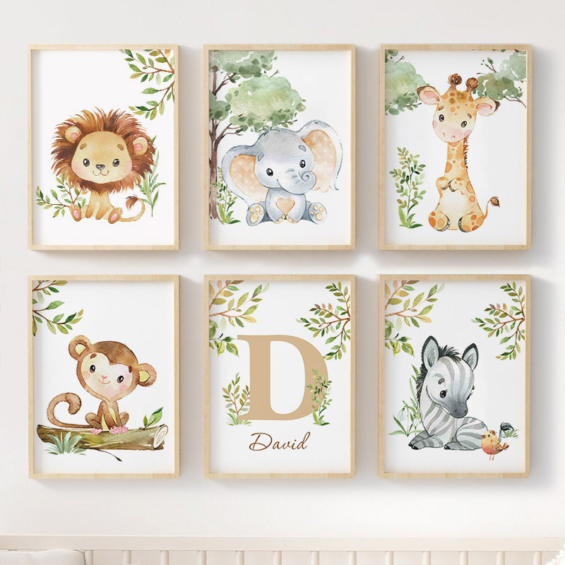 Baby Nursery Jungle Animals - Toile d'art mural Lion, éléphant, girafe,
