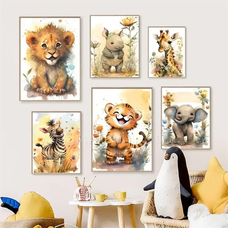 Animals Baby Nursery - Aquarelle Lion girafe tigre éléphant zèbre
