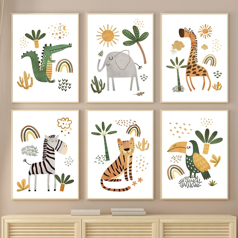 Baby Nursery Plants - Toile d'art mural girafe, éléphant, tigre,