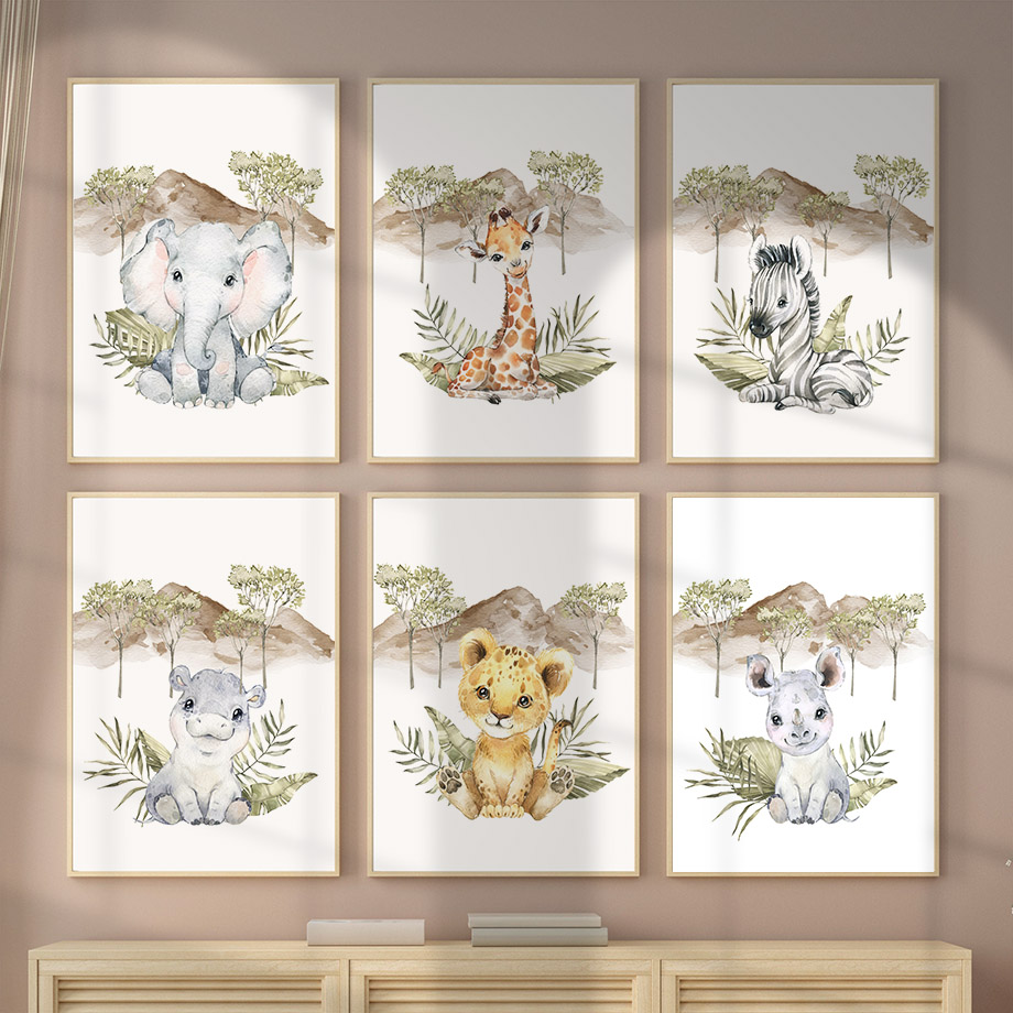 Baby Nursery Tree - Affiches murales girafe, zèbre, éléphant, lion,