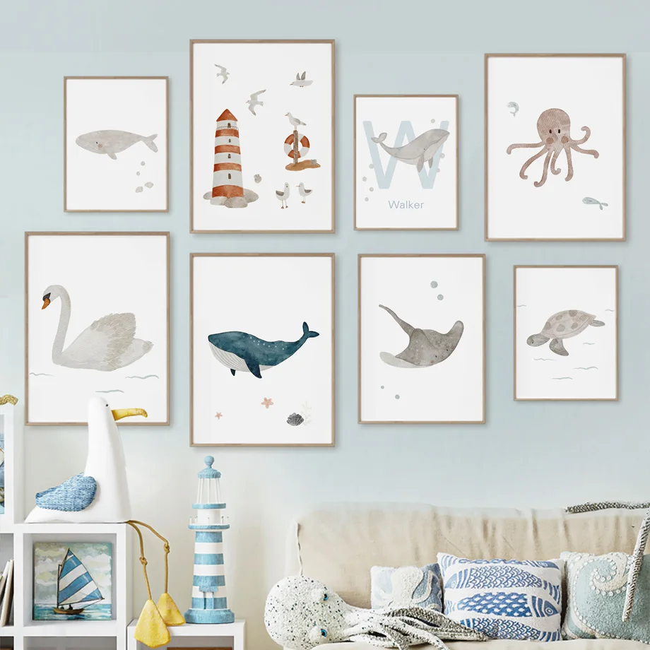 Baby Nursery Animal Pictures - Toile d'Art Mural avec Nom Personnalisé
